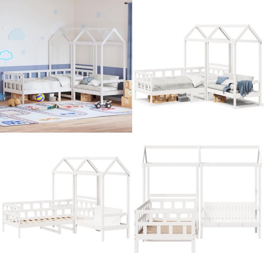 VidaXL Kinderbedset met huisje massief grenenhout wit 90x200 cm Kinderbed Met Bank Kinderbedden Met Banken Bankbed Logeerbed