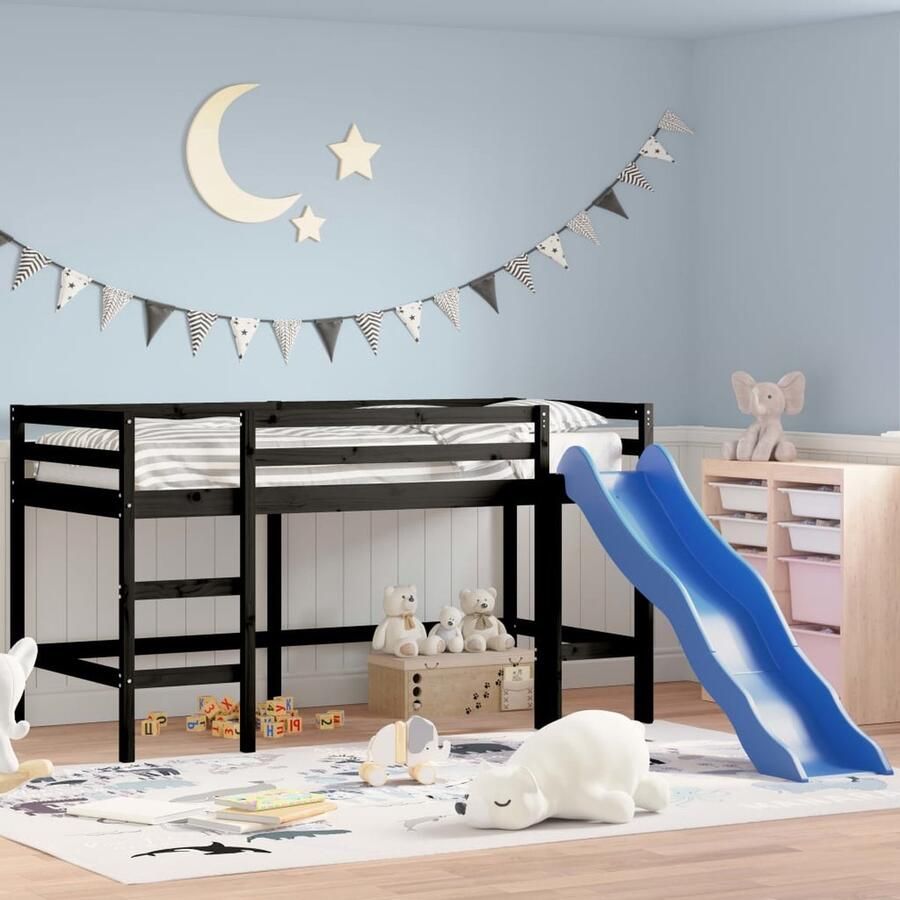 VidaXL Kinderhoogslaper Glijbaan Grenenhout Zwart Kinderbed Hoogslaper Grenenhout Kidsbed Bunkbed Speelplek Veiligheid Glijbaan Trap Kinderkamer - Foto 2
