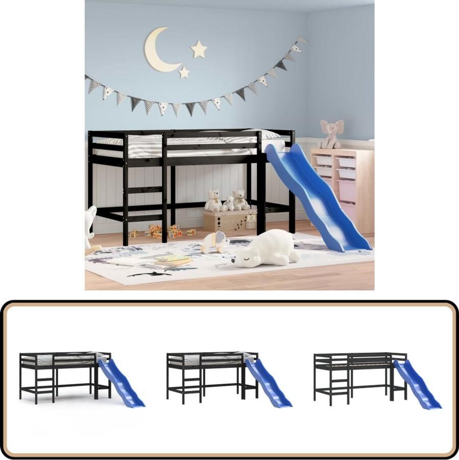 VidaXL Kinderhoogslaper Glijbaan Grenenhout Zwart Kinderbed Hoogslaper Grenenhout Kidsbed Bunkbed Speelplek Veiligheid Glijbaan Trap Kinderkamer