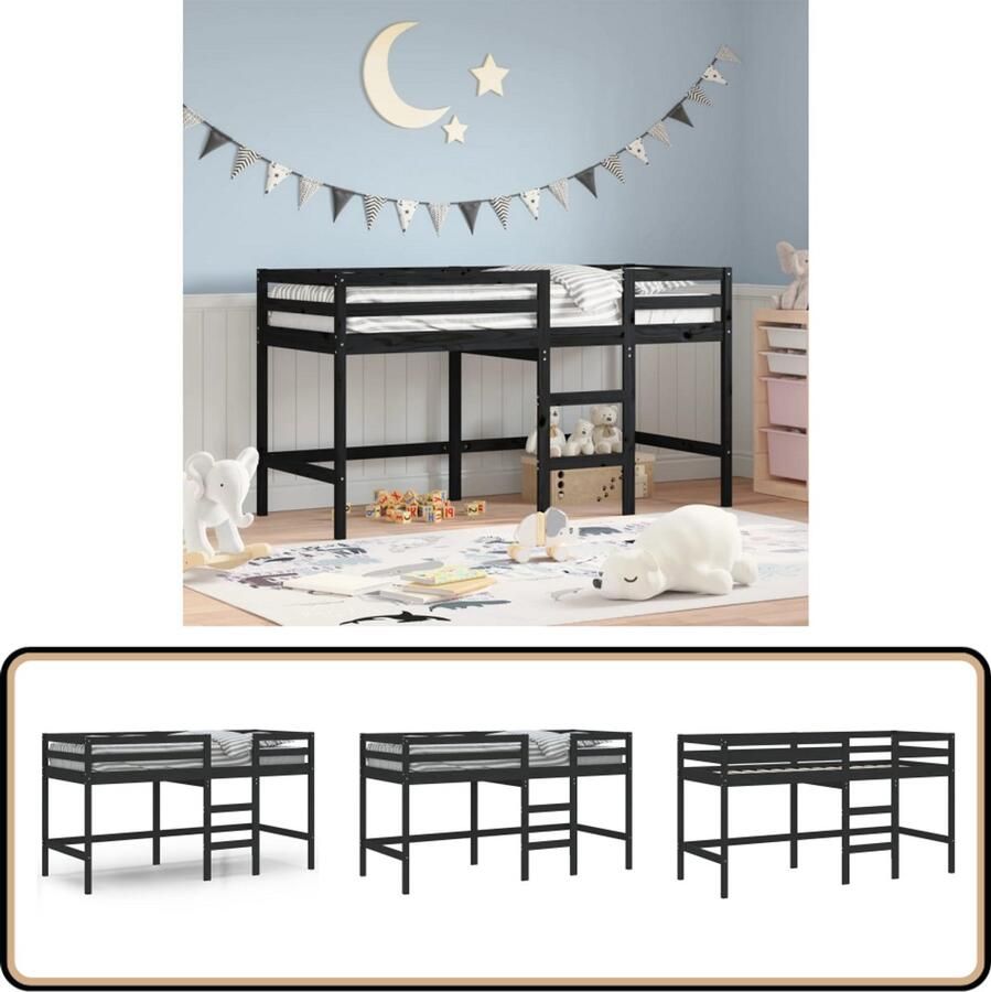VidaXL Kinderhoogslaper Grenenhout Zwart 80x200 cm Kinderhogeslaper Hoog Slaper Kids Bed Meubel Grenenhout Zwart Ruimtesparend Veilig