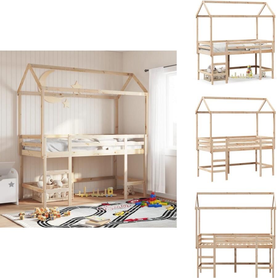 VidaXL Kinderhoogslaper Kinderhoogslapers Kinderbed Peuterbed Halfhoogslaper met ladder en bedhuis grenenhout 90x200 cm