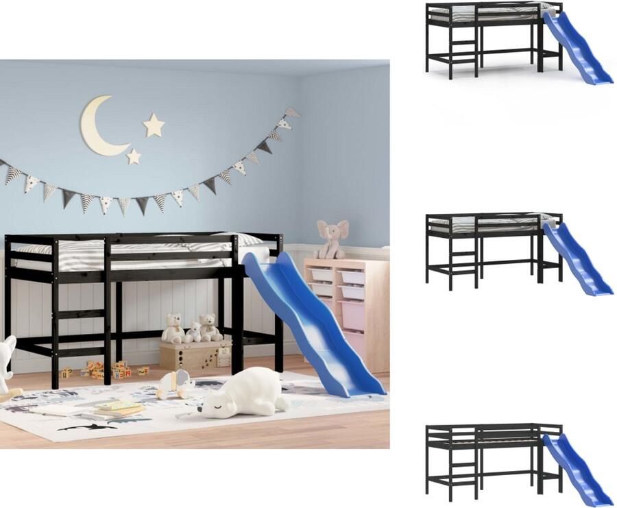 VidaXL Kinderhoogslaper Kinderhoogslapers Kinderbed Peuterbed Kinderhoogslaper met glijbaan grenenhout zwart 90x200 cm