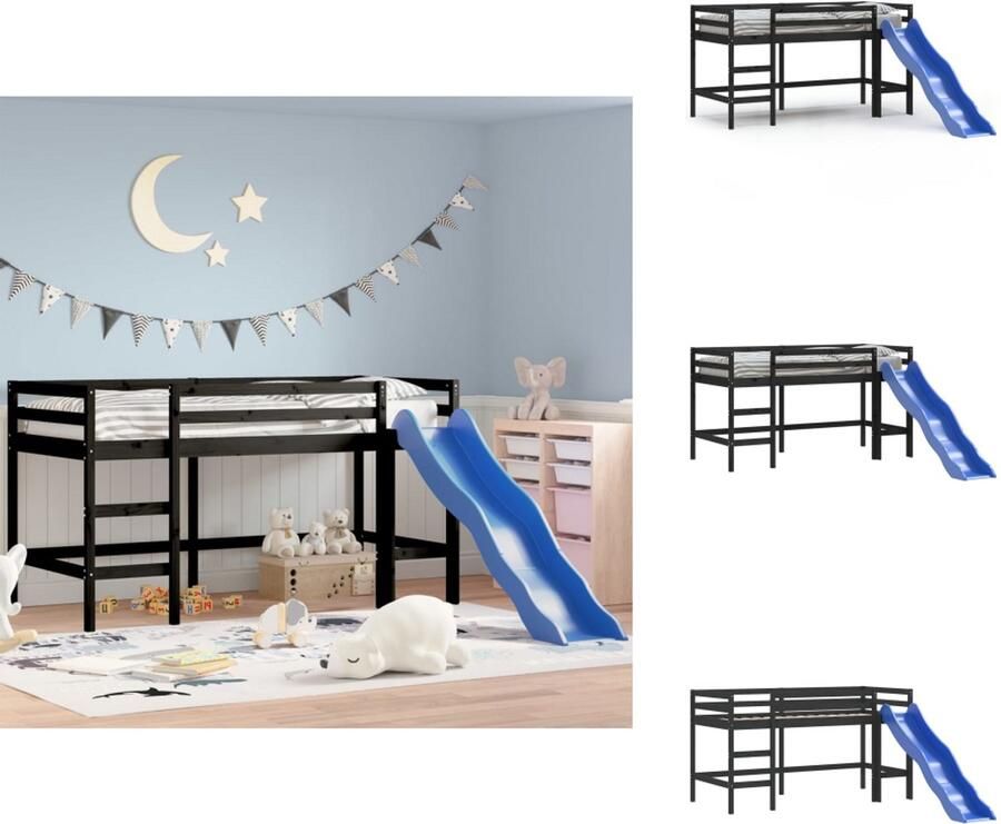 VidaXL Kinderhoogslaper Kinderhoogslapers Kinderbed Peuterbed Kinderhoogslaper met glijbaan grenenhout zwart 80x200 cm