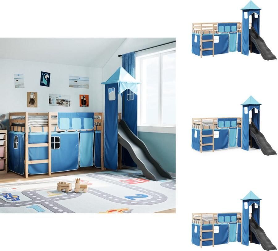VidaXL Kinderhoogslaper Kinderhoogslapers Kinderbed Peuterbed Kinderhoogslaper met toren 80x200 cm massief grenenhout blauw
