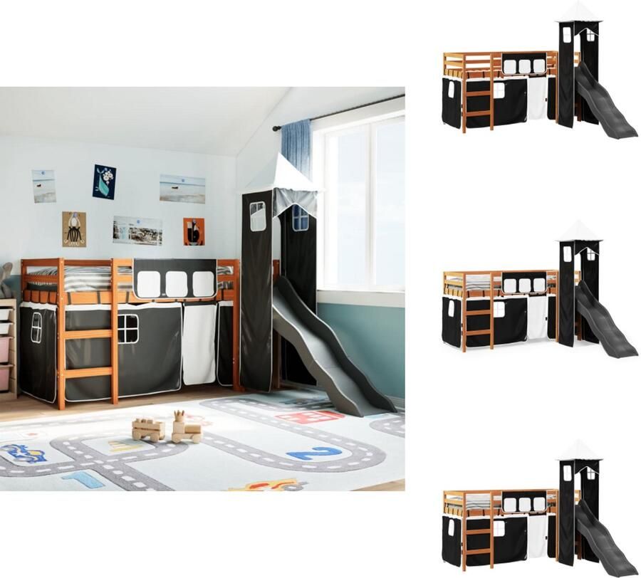 VidaXL Kinderhoogslaper Kinderhoogslapers Kinderbed Peuterbed Kinderhoogslaper met toren 80x200 cm grenenhout wit en zwart