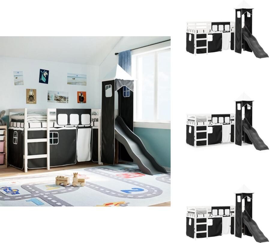 VidaXL Kinderhoogslaper Kinderhoogslapers Kinderbed Peuterbed Kinderhoogslaper met toren 90x190 cm grenenhout wit en zwart