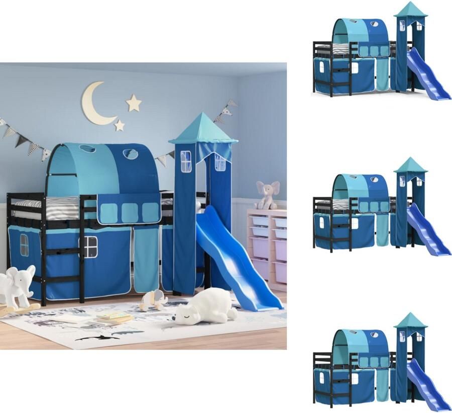 VidaXL Kinderhoogslaper Kinderhoogslapers Kinderbed Peuterbed Kinderhoogslaper met toren 90x190 cm massief grenenhout blauw