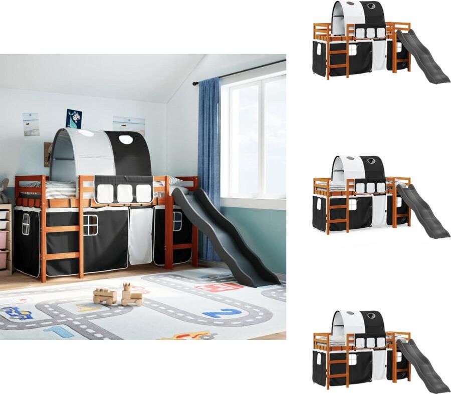 VidaXL Kinderhoogslaper Kinderhoogslapers Kinderbed Peuterbed Kinderhoogslaper met tunnel 80x200 cm grenenhout wit en zwart - Foto 2