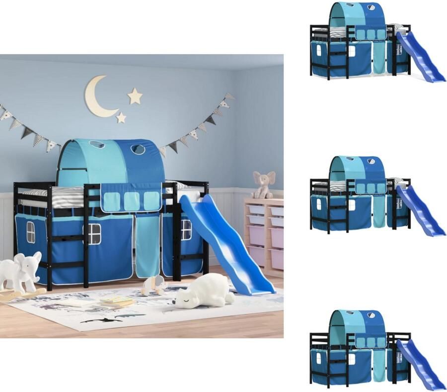 VidaXL Kinderhoogslaper Kinderhoogslapers Kinderbed Peuterbed Kinderhoogslaper met tunnel 90x200 cm massief grenenhout blauw