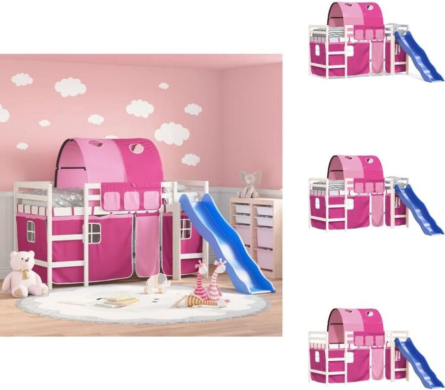 VidaXL Kinderhoogslaper Kinderhoogslapers Kinderbed Peuterbed Kinderhoogslaper met tunnel 90x190 cm massief grenenhout roze