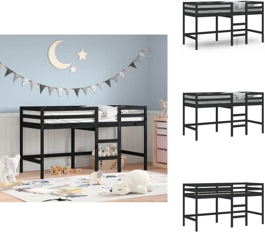 VidaXL Kinderhoogslaper Kinderhoogslapers Kinderbedframe Kinderbed Kinderhoogslaper met ladder 90x190 cm massief grenenhout zwart