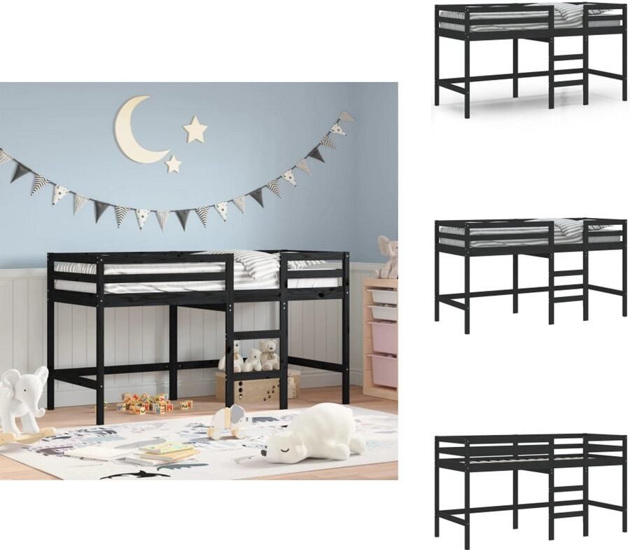 VidaXL Kinderhoogslaper Kinderhoogslapers Kinderbedframe Kinderbed Kinderhoogslaper met ladder 80x200 cm massief grenenhout zwart