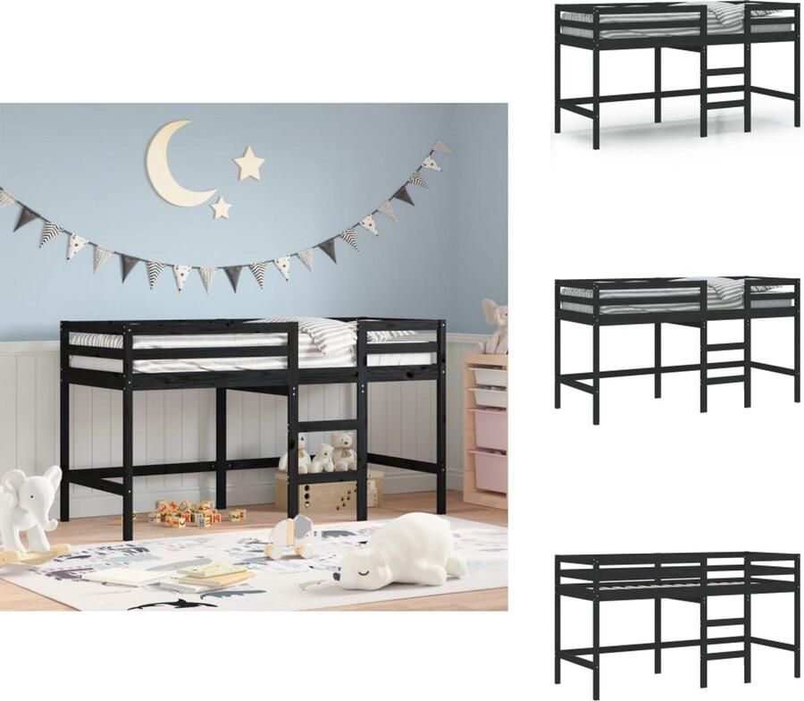 VidaXL Kinderhoogslaper Kinderhoogslapers Kinderbedframe Kinderbed Kinderhoogslaper met ladder 90x200 cm massief grenenhout zwart