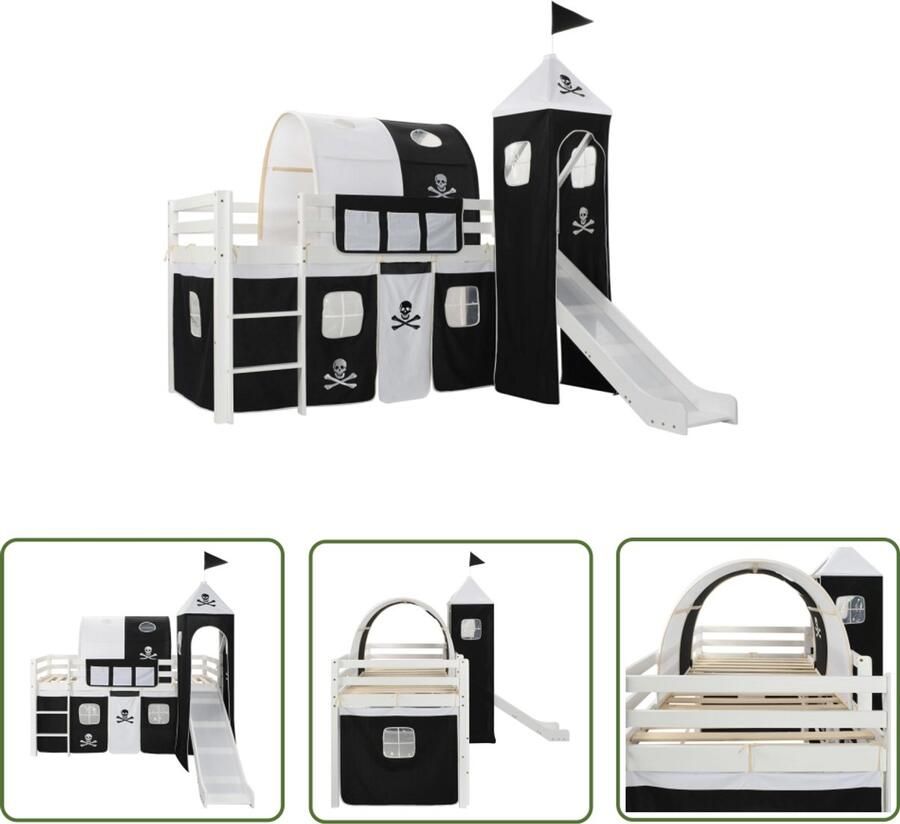 VidaXL Kinderhoogslaper met glijbaan 208 cm Kinderhogeslaper Hoogslaper Piratenthem Kidsbed Kinderkamer Slaapfuncties Glijbaan Trapje Hut