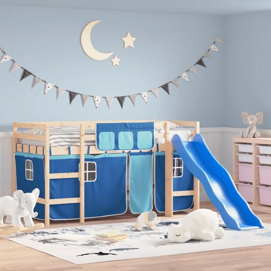 VidaXL Kinderhoogslaper met glijbaan en gordijnen Blauw Kindermeubilair Hoogslaper Tweepersoonsslaapbed Kidsbed Kinderkamers Blauwe Meubels Hout Meubel Grenenhouten Bed - Foto 2
