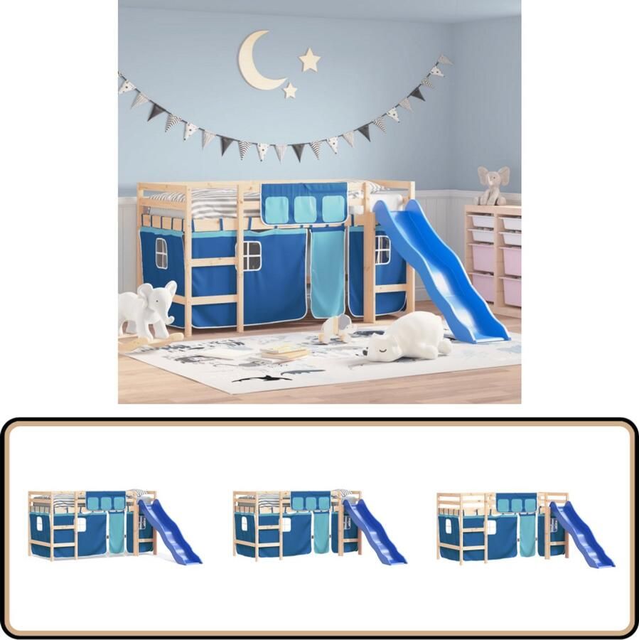 VidaXL Kinderhoogslaper met glijbaan en gordijnen Blauw Kindermeubilair Hoogslaper Tweepersoonsslaapbed Kidsbed Kinderkamers Blauwe Meubels Hout Meubel Grenenhouten Bed