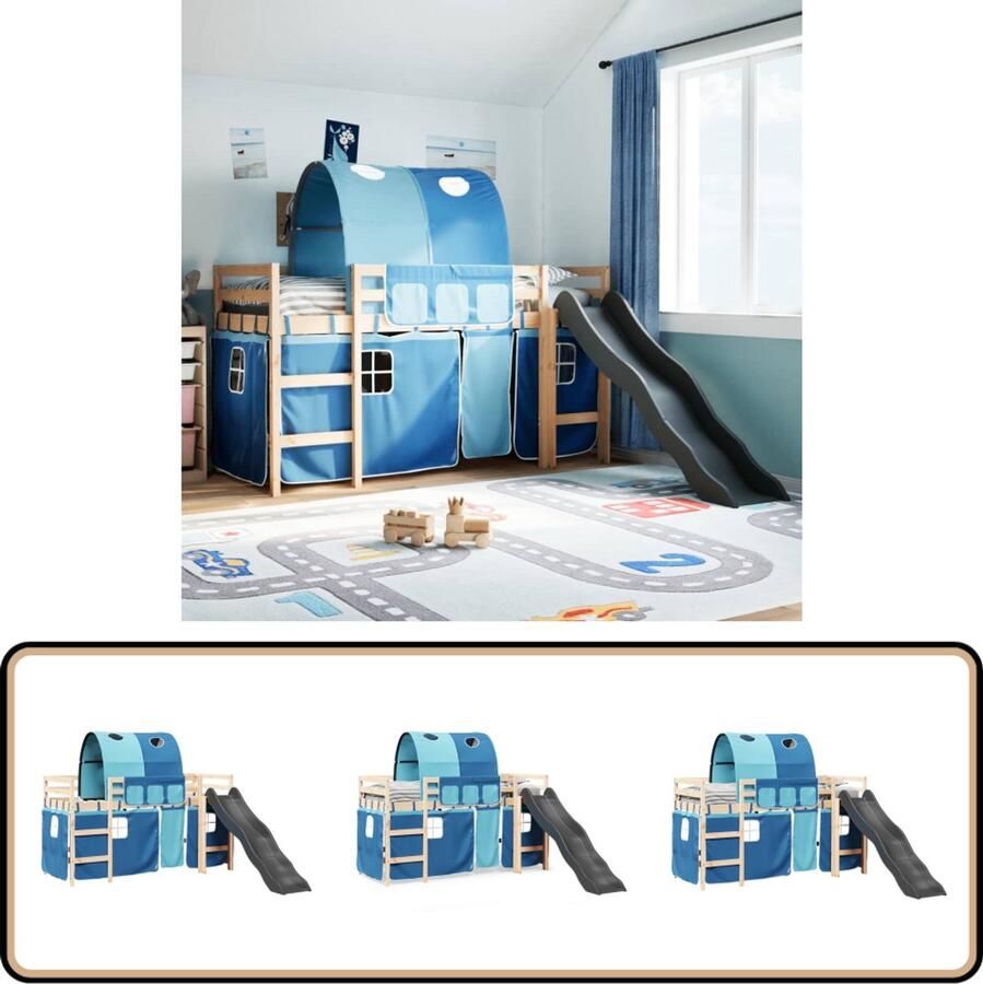 VidaXL Kinderhoogslaper met glijbaan en gordijnen Kinderbed Hoog Slaper Speelbed Houten Bed Kinderkamers Kids Bedroom Bunk Beds Sleepplek Glijbaan Gordijnen Massief Hout Grenenhout Blauw