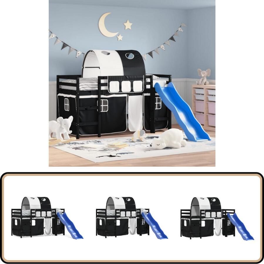 VidaXL Kinderhoogslaper met glijbaan en gordijnen Zwart Halfhoogslaper Kidsbed Melamine Bunkbed Loftbed
