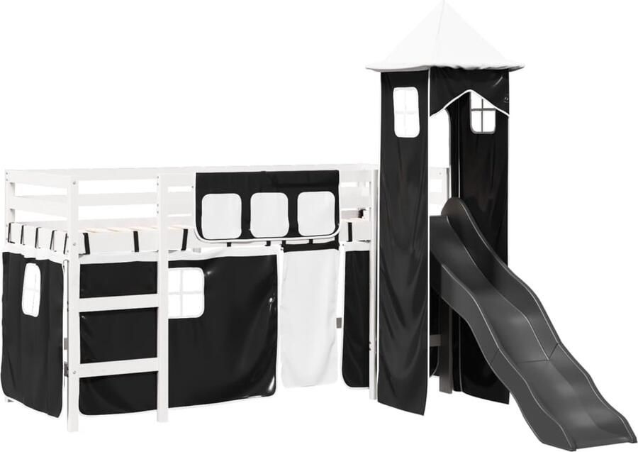 VidaXL Kinderhoogslaper met glijbaan en toren 90x190 cm Kinderbed Hoog Slaper Kids Bed Houten Bed Speelhoek Kinderkamer Decoratie Glijbaan Toren Gordijn Set Ruimte Bespaard Veiligheidsrail - Foto 2