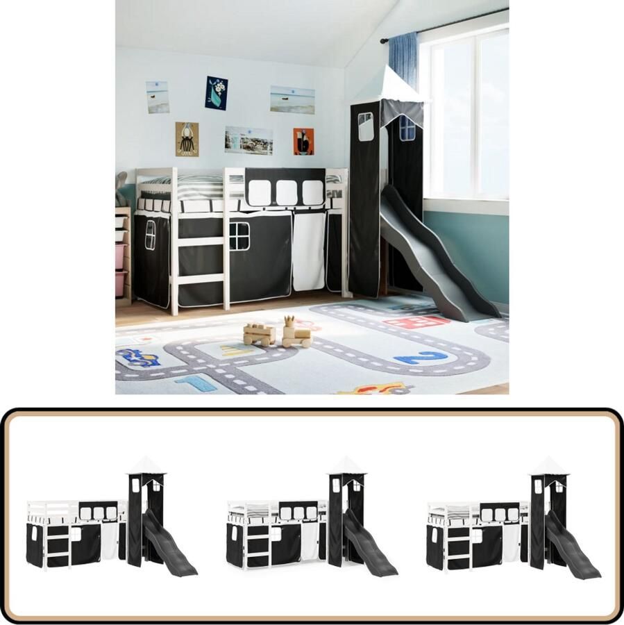 VidaXL Kinderhoogslaper met glijbaan en toren 90x190 cm Kinderbed Hoog Slaper Kids Bed Houten Bed Speelhoek Kinderkamer Decoratie Glijbaan Toren Gordijn Set Ruimte Bespaard Veiligheidsrail