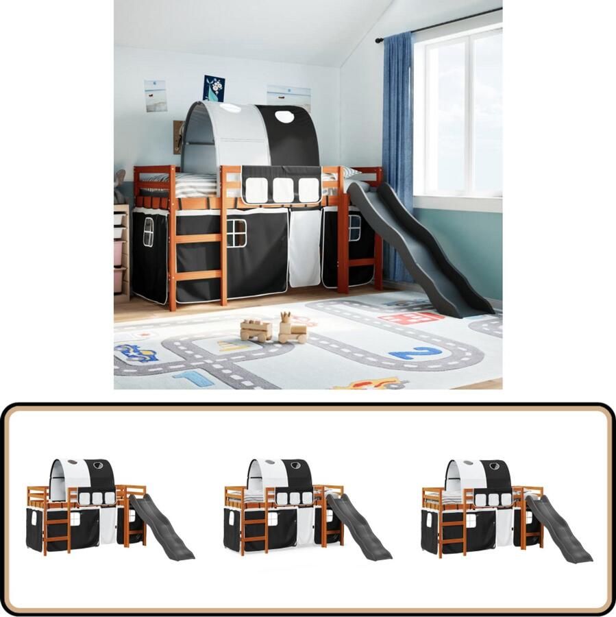 VidaXL Kinderhoogslaper met glijbaan en tunnel 80x200 cm Kinderbed Hoogslaper Kids Bed Houten Bed Bunk Bed Speelkamer Kinderkamer Glijbaan Tunnel Opbergruimte Decoratief Gordijn