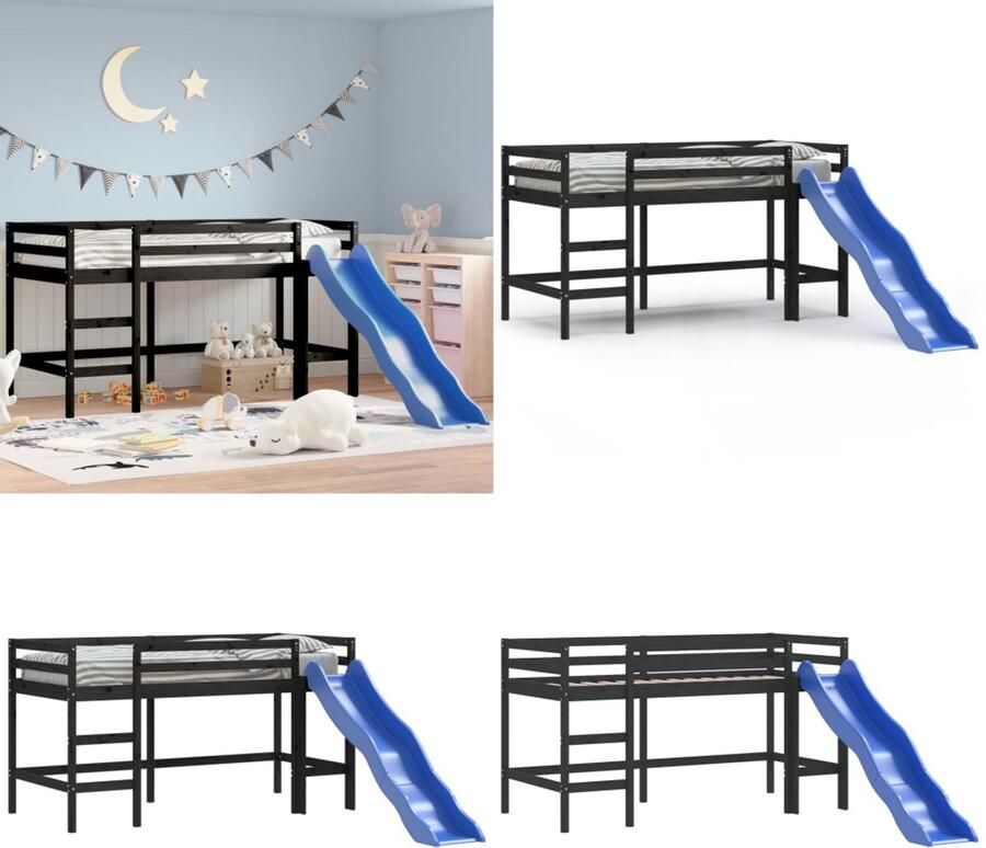 VidaXL Kinderhoogslaper met glijbaan grenenhout zwart 90x200 cm Kinderhoogslaper Kinderhoogslapers Kinderbed Peuterbed