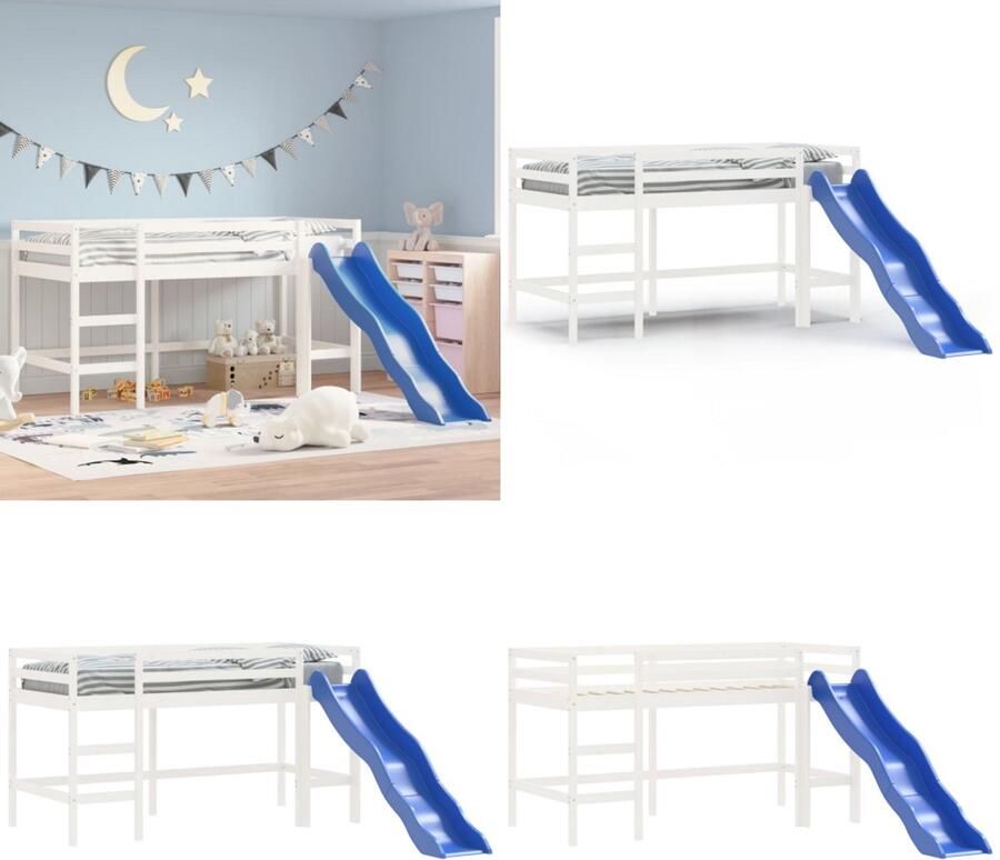 VidaXL Kinderhoogslaper met glijbaan massief grenenhout wit 90x190 cm Kinderhoogslaper Kinderhoogslapers Kinderbed Peuterbed