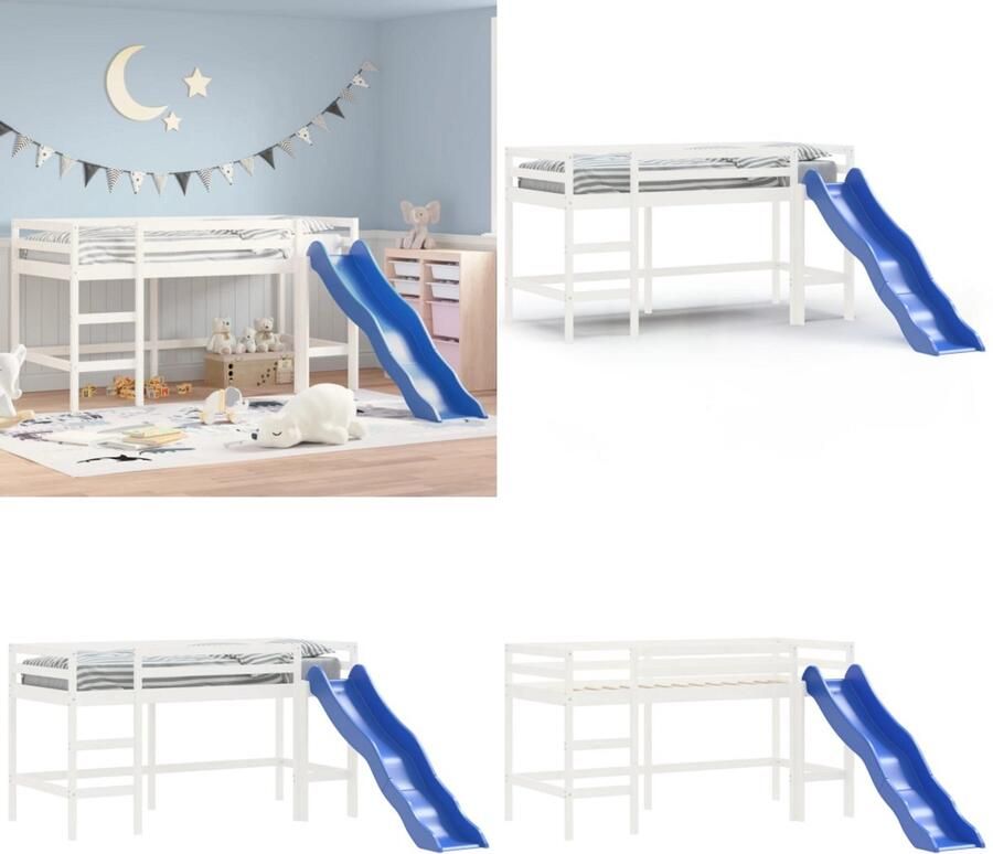 VidaXL Kinderhoogslaper met glijbaan massief grenenhout wit 90x200 cm Kinderhoogslaper Kinderhoogslapers Kinderbed Peuterbed