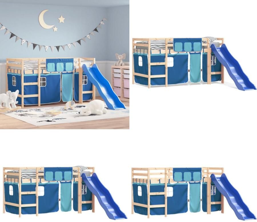 VidaXL Kinderhoogslaper met gordijnen 80x200 cm grenenhout blauw Kinderhoogslaper Kinderhoogslapers Kinderbed Peuterbed