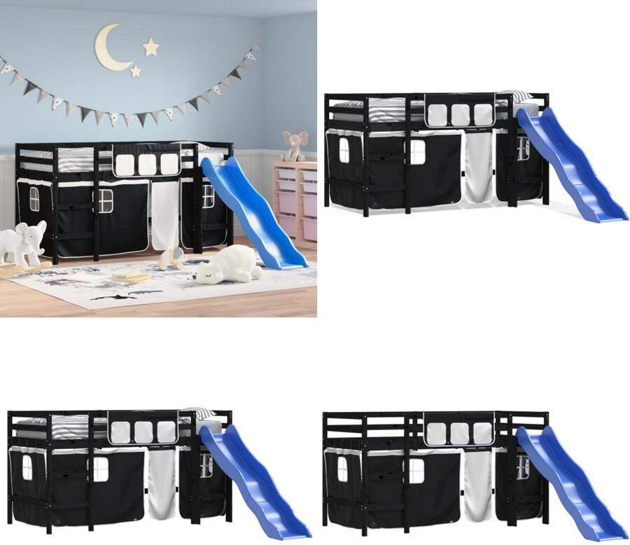 VidaXL Kinderhoogslaper met gordijnen 90x190 cm grenenhout wit zwart Kinderhoogslaper Kinderhoogslapers Kinderbed Peuterbed