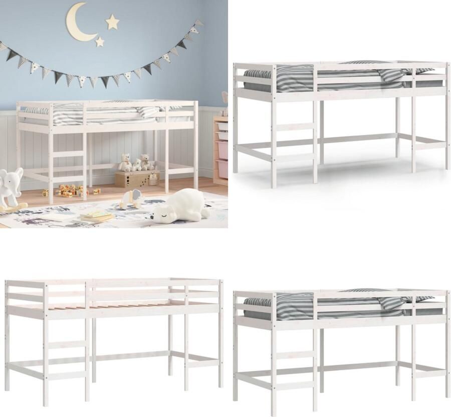 VidaXL Kinderhoogslaper met ladder 90x200 cm massief grenenhout wit Kinderhoogslaper Kinderhoogslapers Kinderbedframe Kinderbed