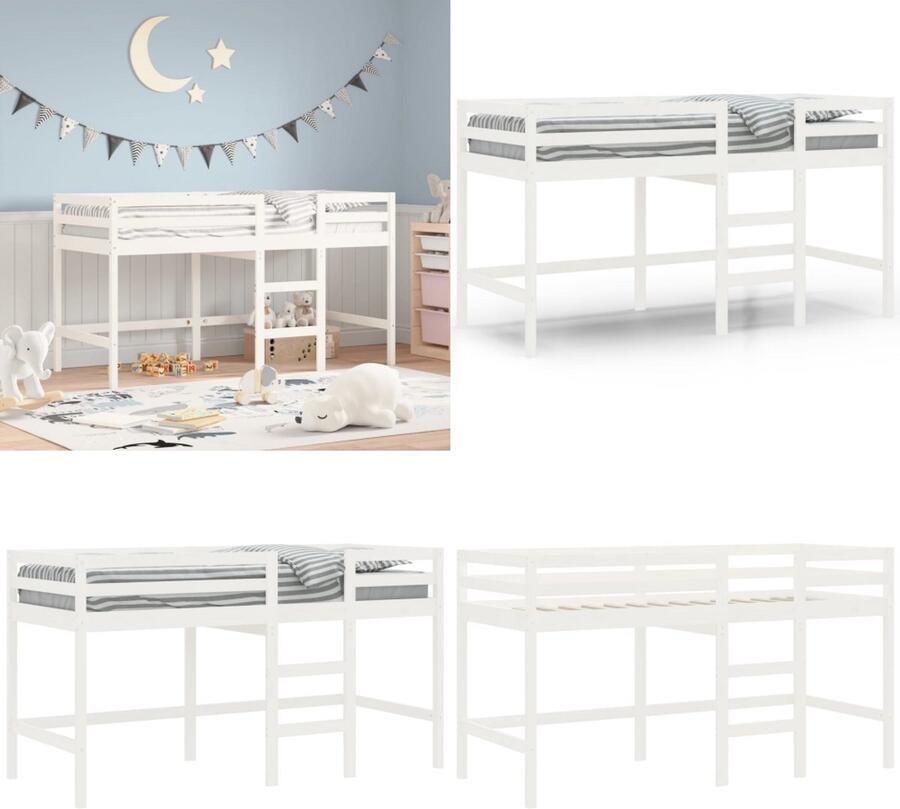 VidaXL Kinderhoogslaper met ladder 90x200 cm massief grenenhout wit Kinderhoogslaper Kinderhoogslapers Kinderbedframe Kinderbed