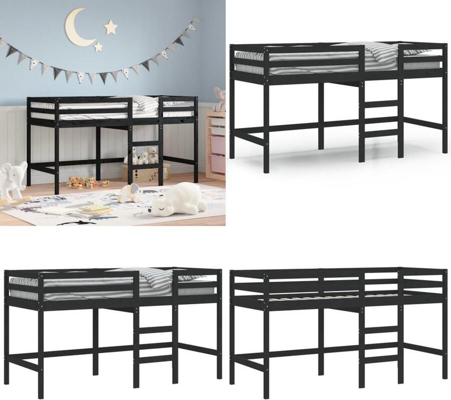 VidaXL Kinderhoogslaper met ladder 90x200 cm massief grenenhout zwart Kinderhoogslaper Kinderhoogslapers Kinderbedframe Kinderbed