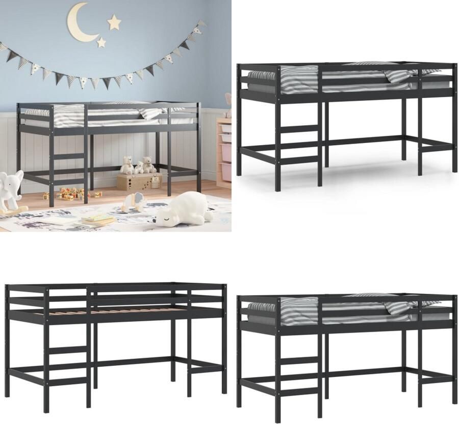 VidaXL Kinderhoogslaper met ladder 90x200 cm massief grenenhout zwart Kinderhoogslaper Kinderhoogslapers Kinderbedframe Kinderbed - Foto 2