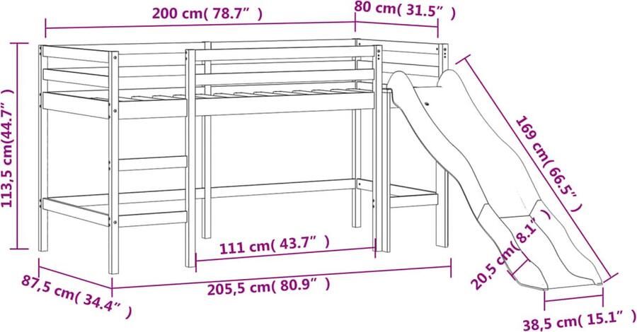 Vida XL Kinderhoogslaper met toren 80x200 cm massief grenenhout roze SKU: V3207068 - Foto 2
