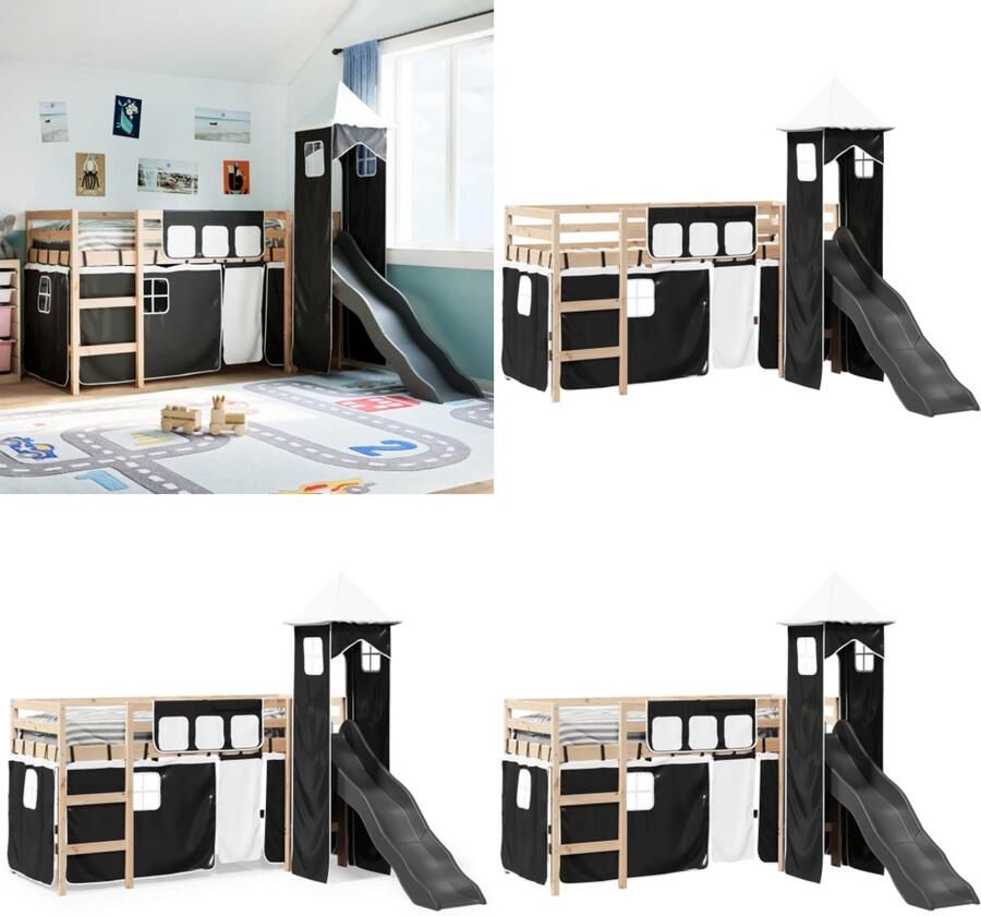 VidaXL Kinderhoogslaper met toren 80x200 cm grenenhout wit en zwart Kinderhoogslaper Kinderhoogslapers Kinderbed Peuterbed