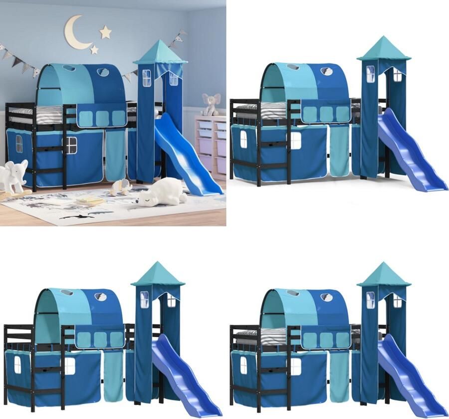 VidaXL Kinderhoogslaper met toren 80x200 cm massief grenenhout blauw Kinderhoogslaper Kinderhoogslapers Kinderbed Peuterbed