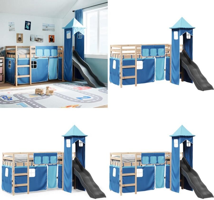 VidaXL Kinderhoogslaper met toren 80x200 cm massief grenenhout blauw Kinderhoogslaper Kinderhoogslapers Kinderbed Peuterbed