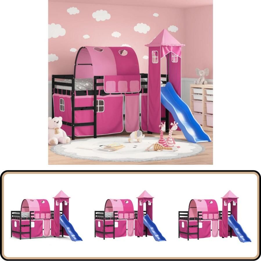 Vida XL Kinderhoogslaper met toren 80x200 cm massief grenenhout roze SKU: V3207098 - Foto 2