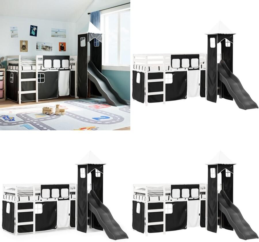 VidaXL Kinderhoogslaper met toren 90x190 cm grenenhout wit en zwart Kinderhoogslaper Kinderhoogslapers Kinderbed Peuterbed
