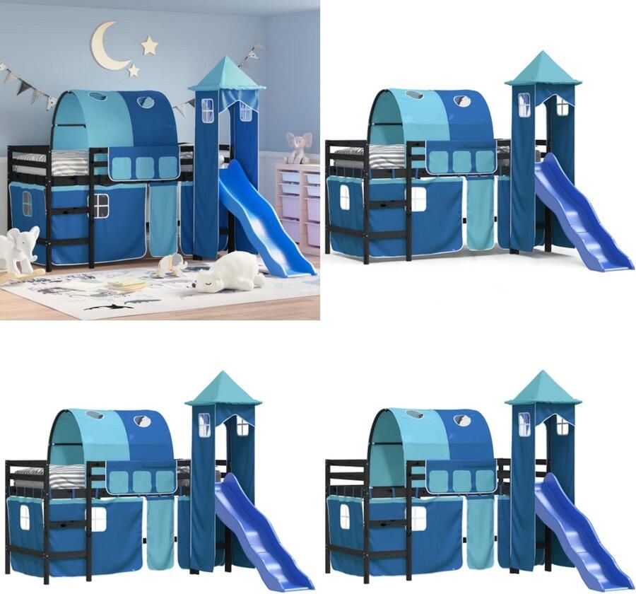 VidaXL Kinderhoogslaper met toren 90x190 cm massief grenenhout blauw Kinderhoogslaper Kinderhoogslapers Kinderbed Peuterbed