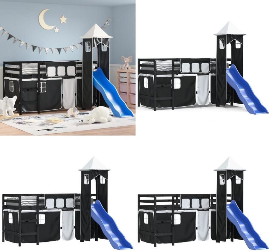 VidaXL Kinderhoogslaper met toren 90x200 cm grenenhout wit en zwart Kinderhoogslaper Kinderhoogslapers Kinderbed Peuterbed