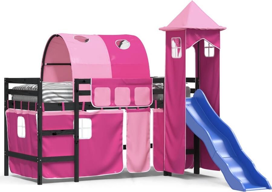 Vida XL Kinderhoogslaper met toren 90x200 cm massief grenenhout roze SKU: V3207107 - Foto 2