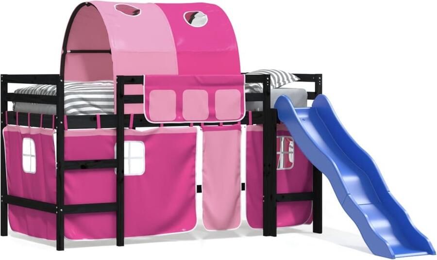 Vida XL Kinderhoogslaper met tunnel 90x190 cm massief grenenhout roze SKU: V3207062 - Foto 2