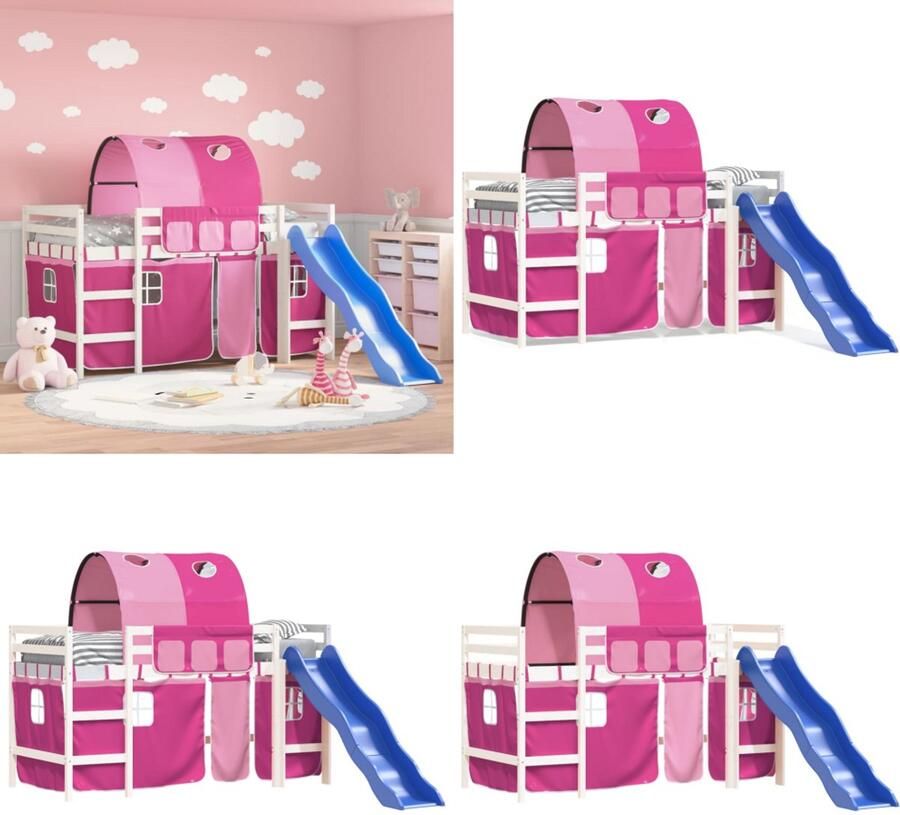VidaXL Kinderhoogslaper met tunnel 90x190 cm massief grenenhout roze Kinderhoogslaper Kinderhoogslapers Kinderbed Peuterbed