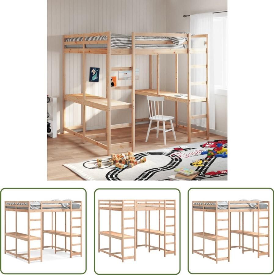 VidaXL Kinderkamer Hoogh Sleeper Hoogslaper met bureau en ladder massief grenenhout 140x200 cm Bruine Hoogslaper Grenenhout Bed Multifunctionele Slaapkamer