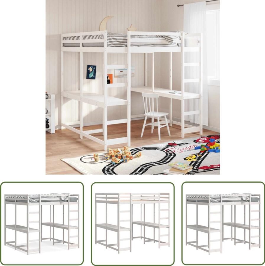 VidaXL Kinderkamer Hooghslaper Hoogslaper met bureau en ladder grenenhout wit 160x200 cm Bureau Grenenhout Wit