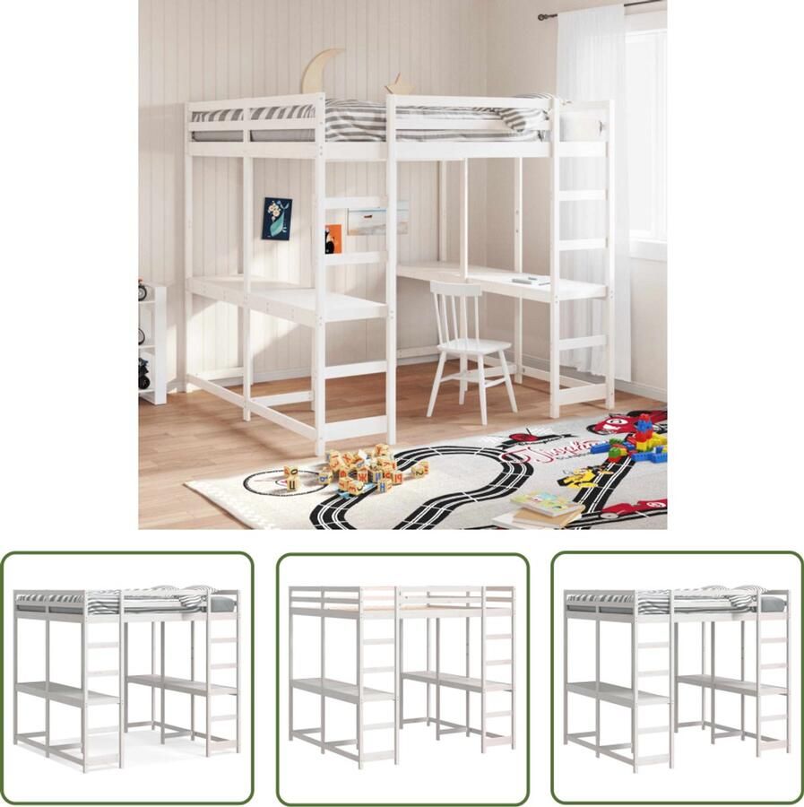 VidaXL Kinderkamer Hooghslaper Hoogslaper met bureau en ladder grenenhout wit 180x200 cm Grenenhout Witte Hoogslaper Bureauslaapkamer