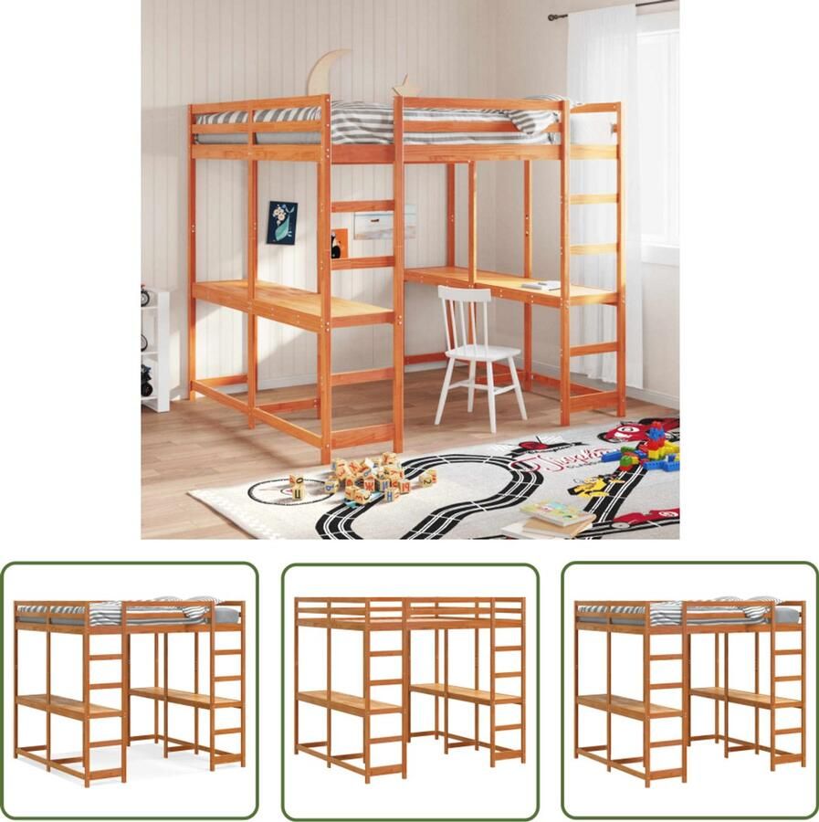 VidaXL Kinderkamer Hooghsleeper Hoogslaper met bureau en ladder grenenhout wasbruin 180x200 cm Bruine Hoogslaper Grenenhout Bureauslaapbank