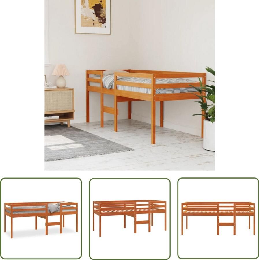 VidaXL Hoogslaper massief grenenhout wasbruin 90x190 cm Hoogslaper Kinderkamer Tweepersoonsbed Slaapbank Grenenhout